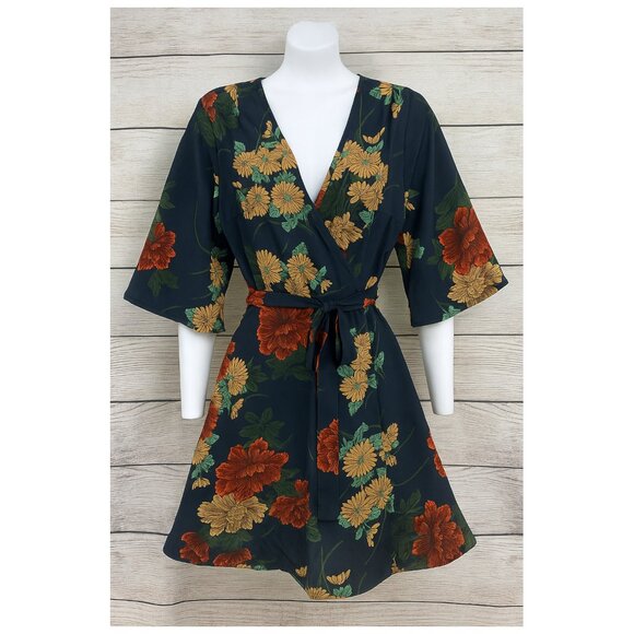 Boohoo Asian Inspired Satin Floral Blue Wrap Dress - Picture 1 of 4